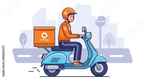 Dynamic Delivery Rider On Scooter Navigating Cityscape Illustration