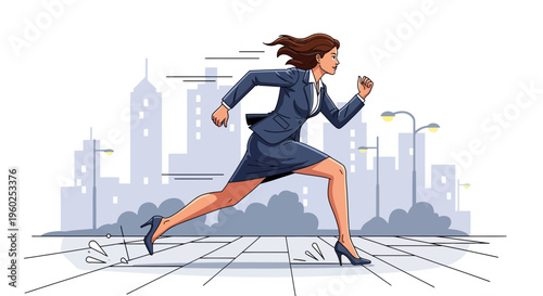 Dynamic Businesswoman Sprinting Through City Streets Towards Success