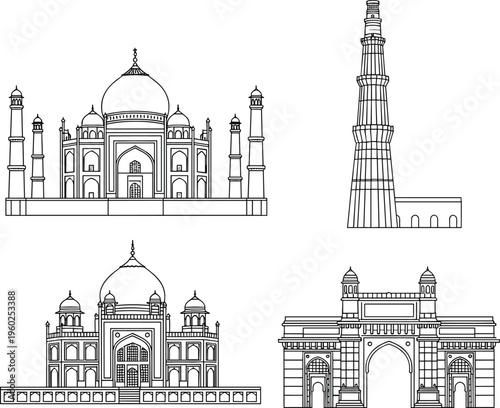 Set of hand drawn Indian landmark icons including Taj Mahal Qutub Minar and India Gate on white background
