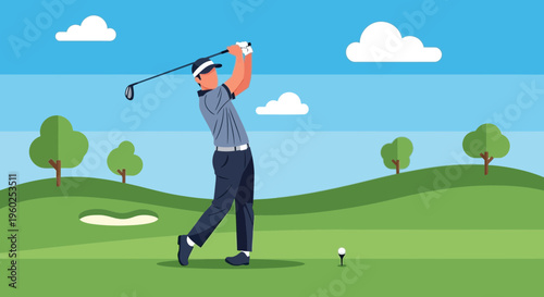 Dynamic Golfer Swinging Club on Lush Green Course Under Sunny Skies