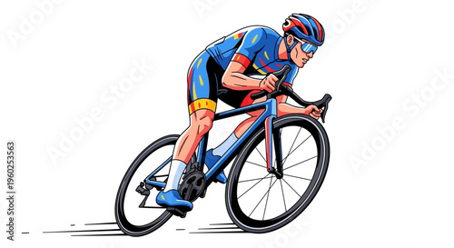 Dynamic Illustration Of A Cyclist In Full Race Mode On A White Background