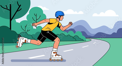 Dynamic Illustration Of A Person Rollerblading On A Scenic Outdoor Path