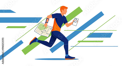 Dynamic Illustration Of Athlete Navigating With Map And Compass