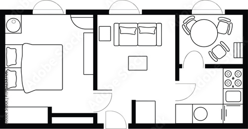 Flat vector layout of small apartment interior with modern furniture and zones