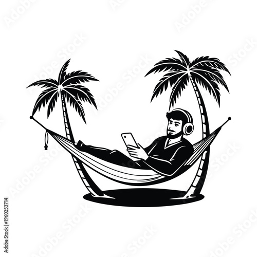 Man relaxing in hammock between palm trees wearing headphones and using smartphone on tropical beach illustration of person enjoying vacation with mobile device and music under sun rays.