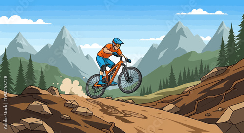 Dynamic Mountain Biker Descending Rocky Trail Thrill