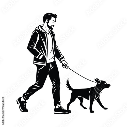 Man walking dog on leash wearing hoodie and sneakers outdoors illustration of person exercising with pet animal in urban park setting showing active lifestyle and companionship with canine.
