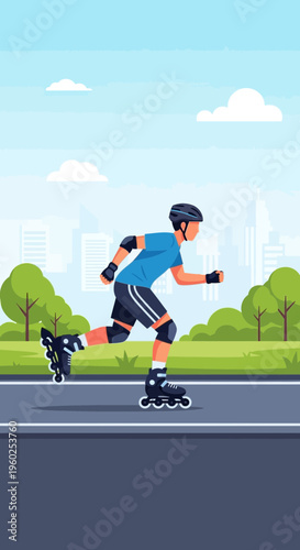 Dynamic Rollerblader Gliding Through A Scenic Urban Park Path