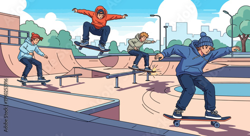 Dynamic Skaters Master Tricks In Outdoor Urban Skatepark Thrill