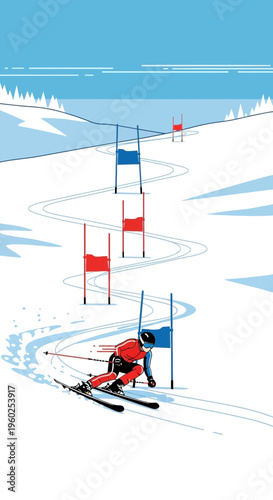 Dynamic Slalom Skiing Down Snowy Mountain With Gates And Blue Sky