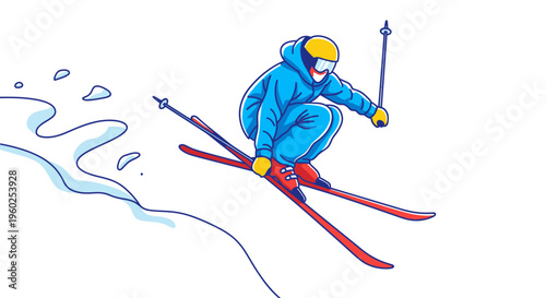 Dynamic Skier Captures Thrilling Aerial Jump Mid-Descent On Snowy Slope