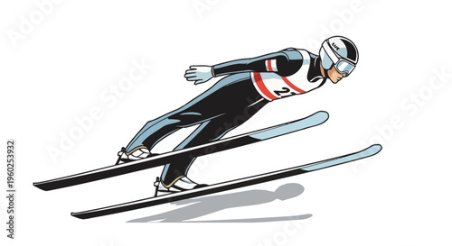 Dynamic Ski Jumper Soaring Through The Air On Snow