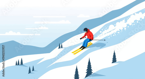 Dynamic Skiing Action On Snowy Mountain Slope