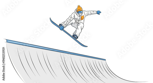 Dynamic Snowboarding Aerial Trick Performed On A Ramp Against White Background