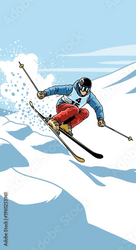 Dynamic Skier Executes Thrilling Descent Down Snowy Mountain Peak