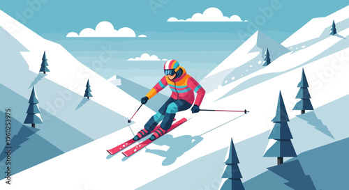 Dynamic Skiing Adventure Down Snowy Mountain Slopes