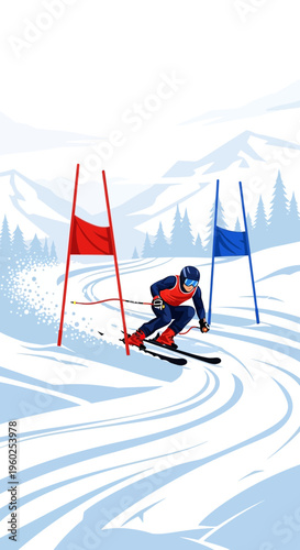 Dynamic Skiing Competition Slalom Between Gates
