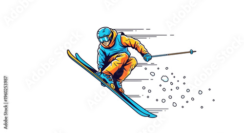 Dynamic Skiing Action Scene With Motion Streaks And Snow Flurries