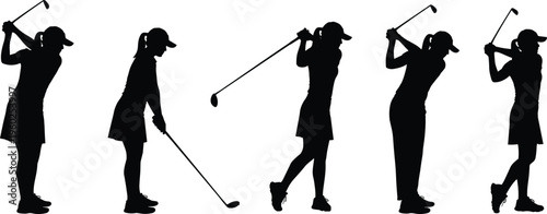 set of female golf player silhouettes in different swing and putting poses isolated on white background representing sport activity