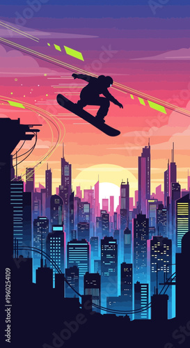 Dynamic Urban Snowboarding Adventure At Sunset With Futuristic Cityscape