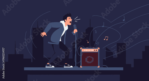 Dynamic Vocalist Performs Energetically On Stage With Amplifier