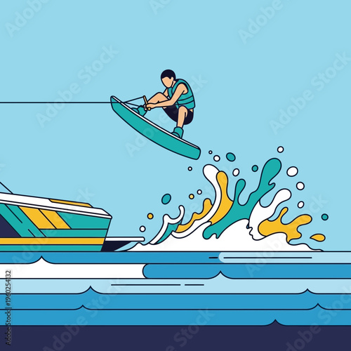 Dynamic Wakeboarding Jump Action Extreme Sport Vibrant Illustration Outdoor Recreation