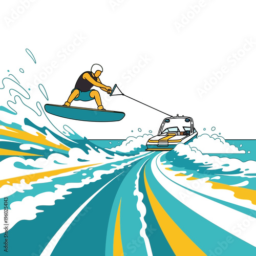 Dynamic Water Sports Action Scene With Person Wakeboarding Behind Boat