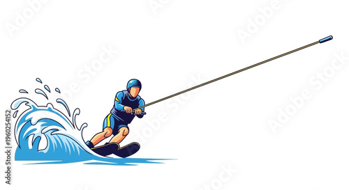 Dynamic Water Skier Carving Through Waves With Rope Extended