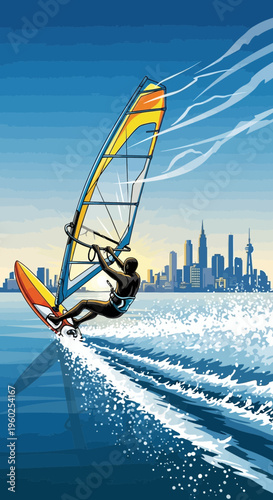 Dynamic Wind Surfing Against A City Skyline