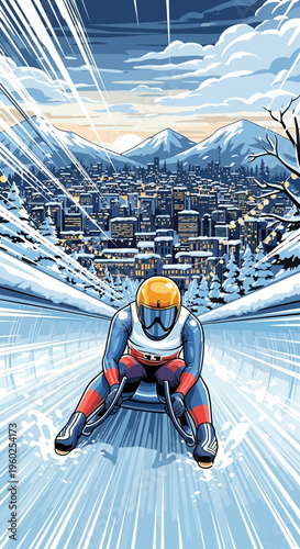 Dynamic Winter Sledding Athlete Racing Down a Snowy Mountain Track Amidst a Cityscape