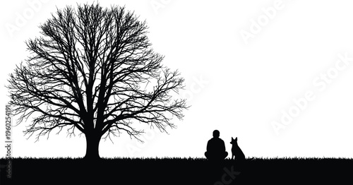 silhouette of person sitting with dog under tree representing friendship companionship peace nature and emotional bond concept illustration