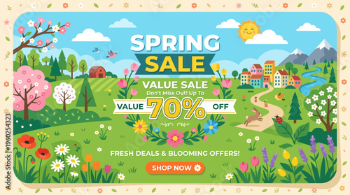 Spring Sale Banner with Scenic Landscape and Discount