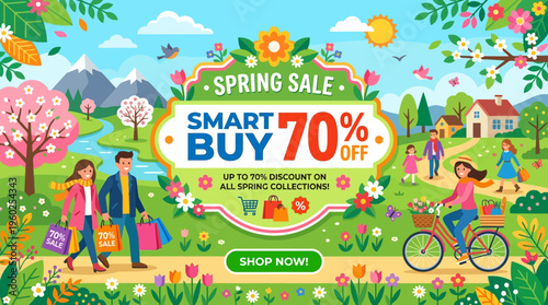 Spring Sale Banner with People Enjoying the Outdoors