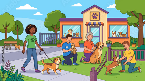 Happy Pets and Pet Owners at a Dog Shelter