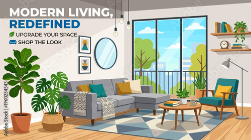 Modern Living Room Interior Design with Plants and Furniture