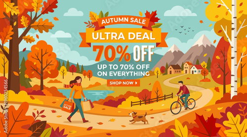 Autumn Sale Banner with Scenic Landscape and Discount