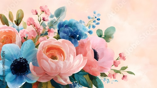 Beautiful Arrangement of Pastel Colored Flowers on a Soft Peach Background.
