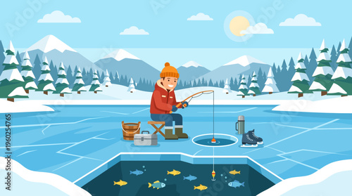 Winter Fishing Scene with a Fisherman on Ice