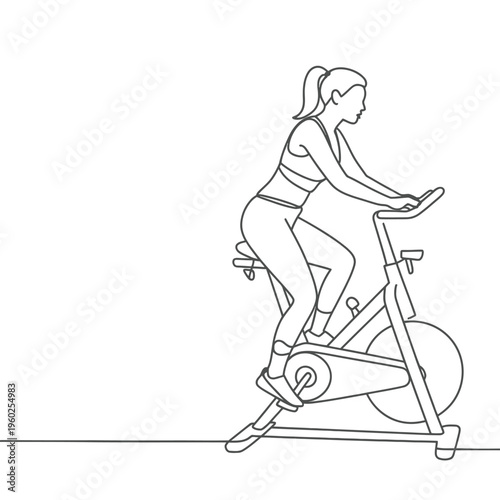 Continuous line drawing of a woman exercising on a stationary bike