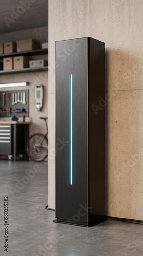 Modern vertical energy storage battery unit with a glowing blue light installed in a residential garage against a concrete wall