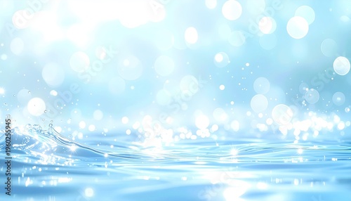 A tranquil watery scene with sparkling bokeh lights and splash, soft blues
