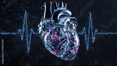 Seamless loop of a futuristic metallic heart sculpture illuminated by neon circuits
