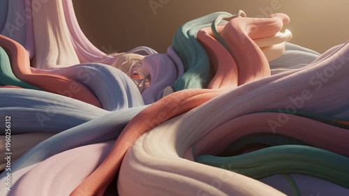 Serene abstract environment with flowing pastel ribbons and soft light