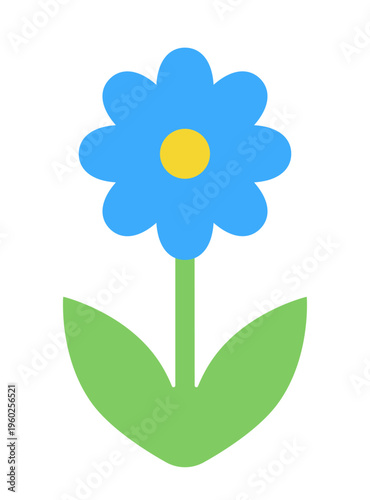 Flower isolated on a white background. Blue flower with green leaves in flat style. Vector illustration, colored icon, design element.