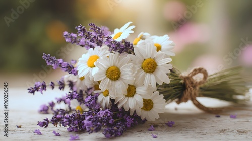 Beautiful Bouquet of Lavender and Daisies Tied with Twine.