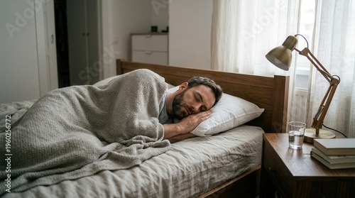 Exhausted man lying awake in bed for chronic insomnia and morning depression fatigue concept.
