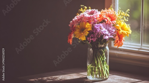 Vibrant Bouquet of Gerbera Daisies in a Glass Vase by the Window.
