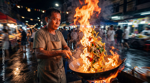 Dramatic fire flames erupt as a skilled Thai street chef stir-fries food in a wok at a vibrant night market in Southeast Asia.