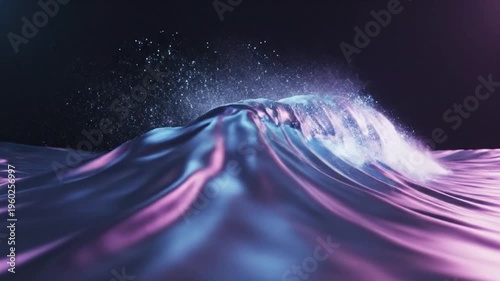 Silky digital wave tunnel: iridescent flowing textile-like surface in neon hues