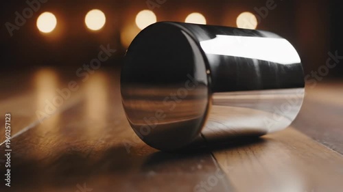 Sleek metal cylinder rolling on polished wooden floor with warm bokeh lights in background